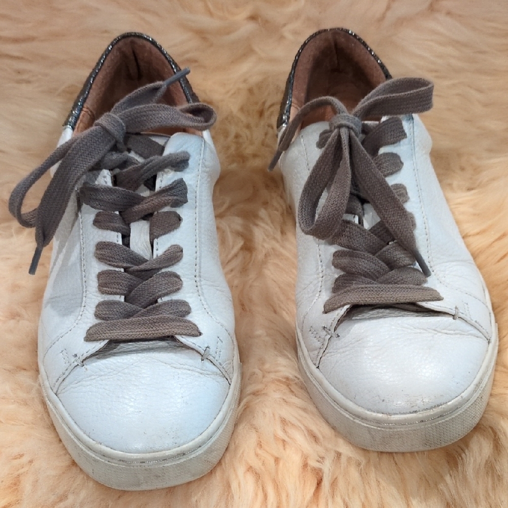Frye Ivy Low Lace White Leather Sneakers With Metallic Trim Sz 7